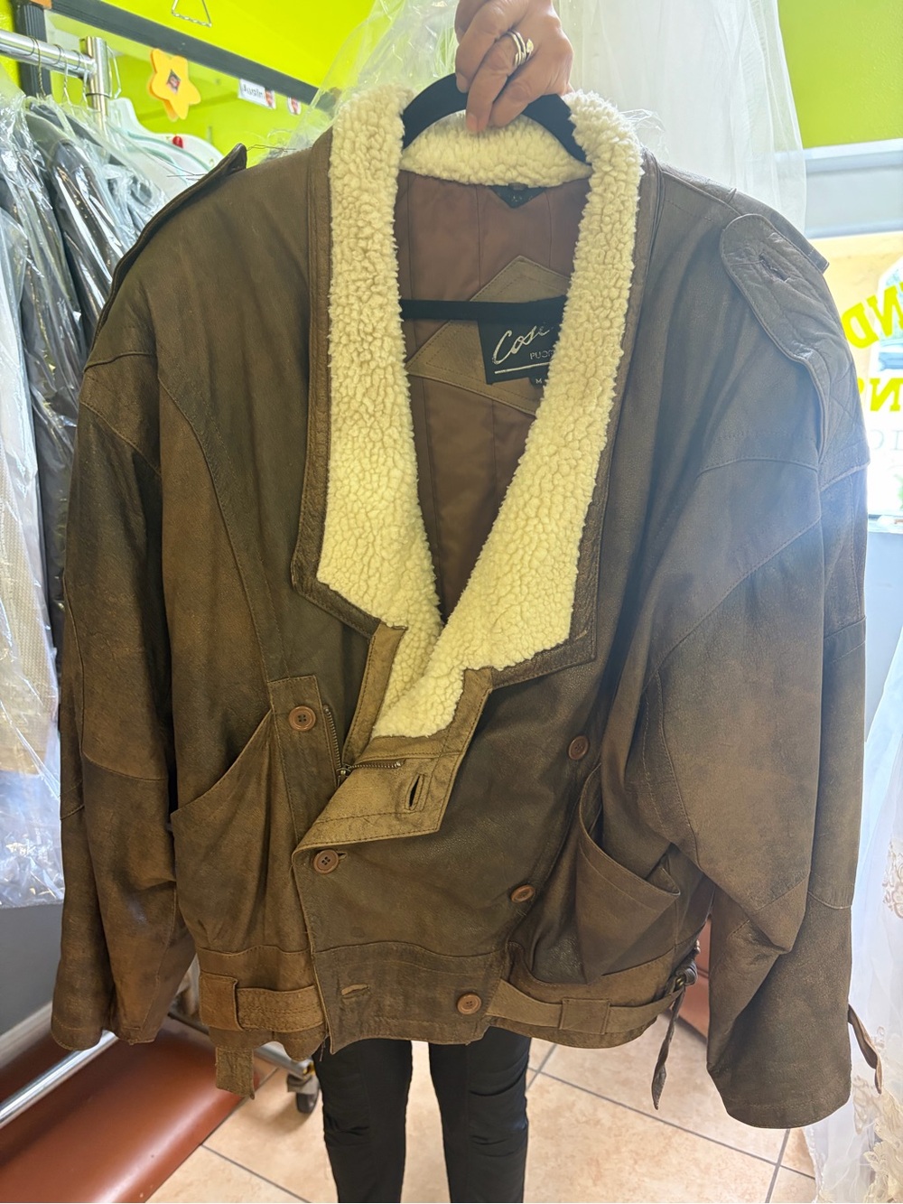 COS Brown Leather Bomber Jacket with Cream Shearling Collar